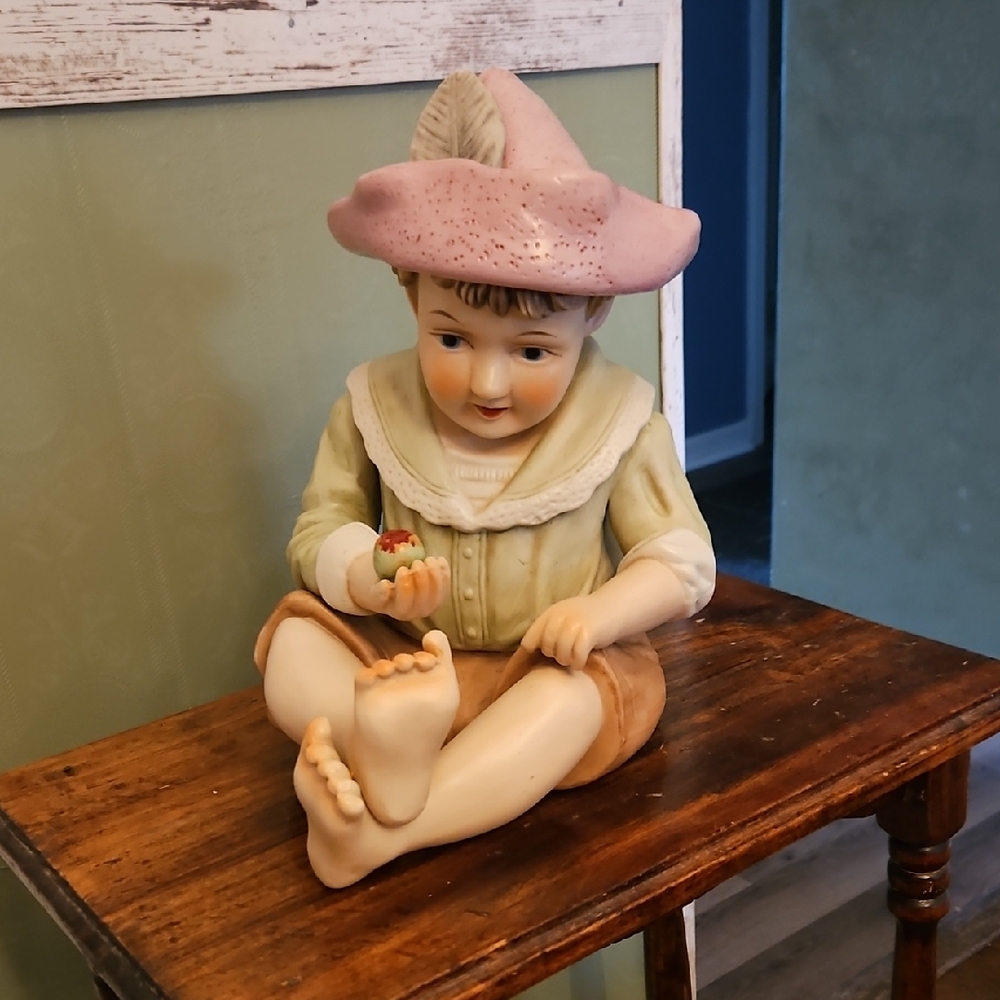 German Bisque Porcelain Charming Boy Figurine with Pink Hat  "Piano Baby"